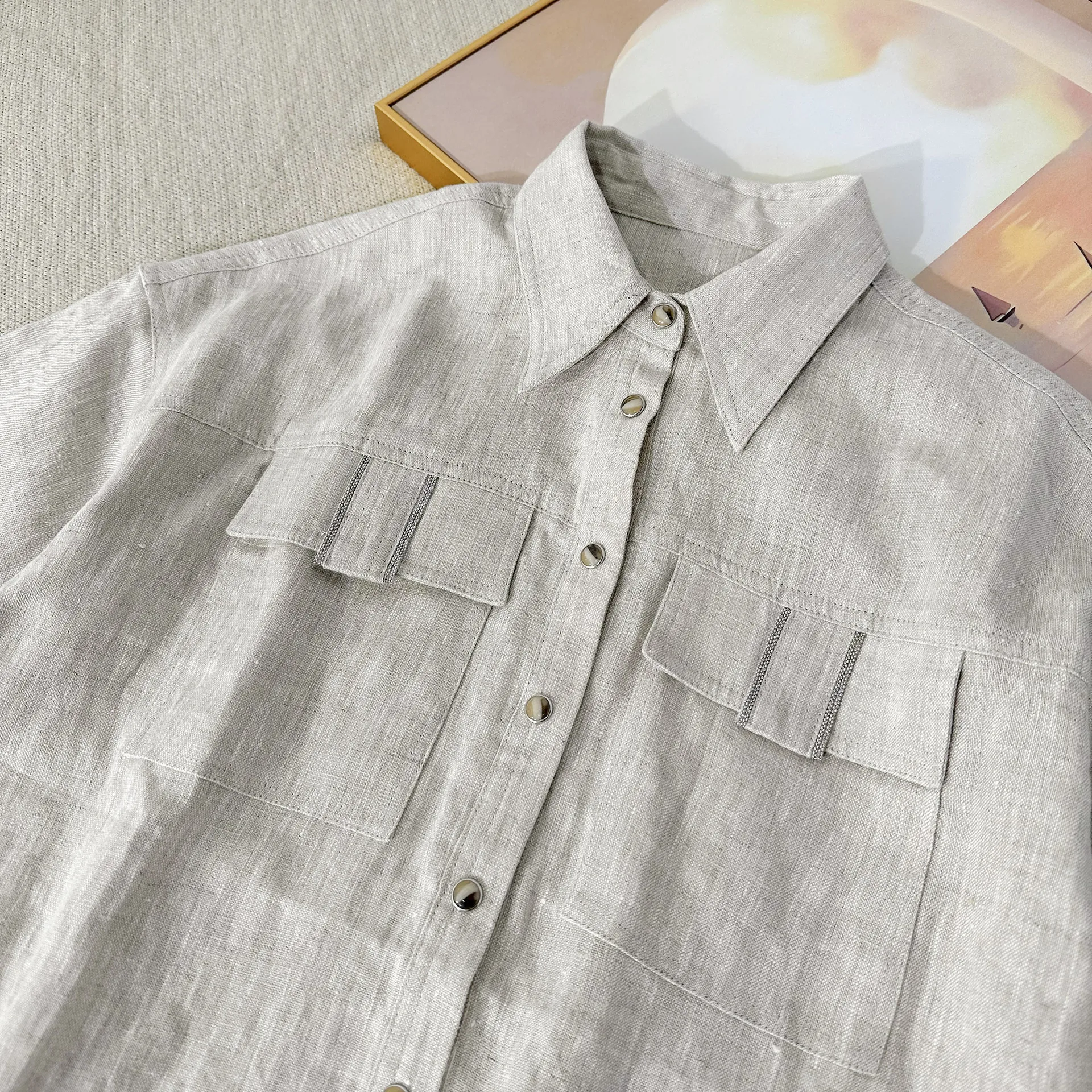 Femmes 2025 printemps nouvelle mode décontracté tout-match coupe ajustée petit haut lin Air à manches courtes