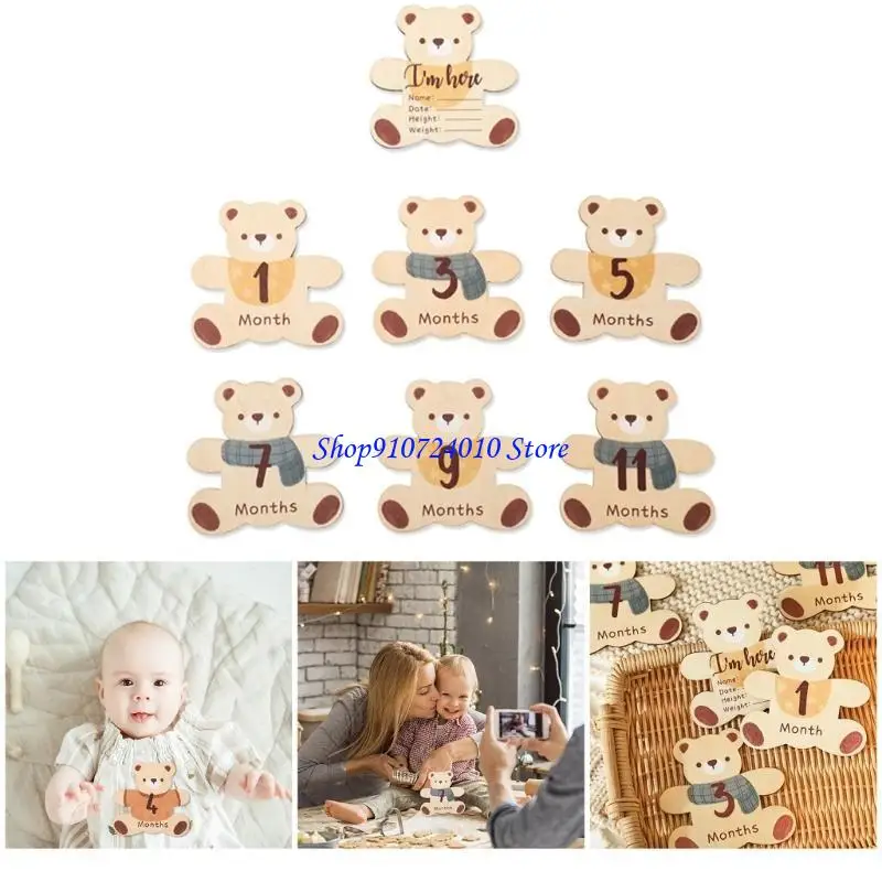 

77HD Деревянная детская достопримечательность Lovely Bear Photo Props Двусторонний знак ежемесячных вех для новорожденных о