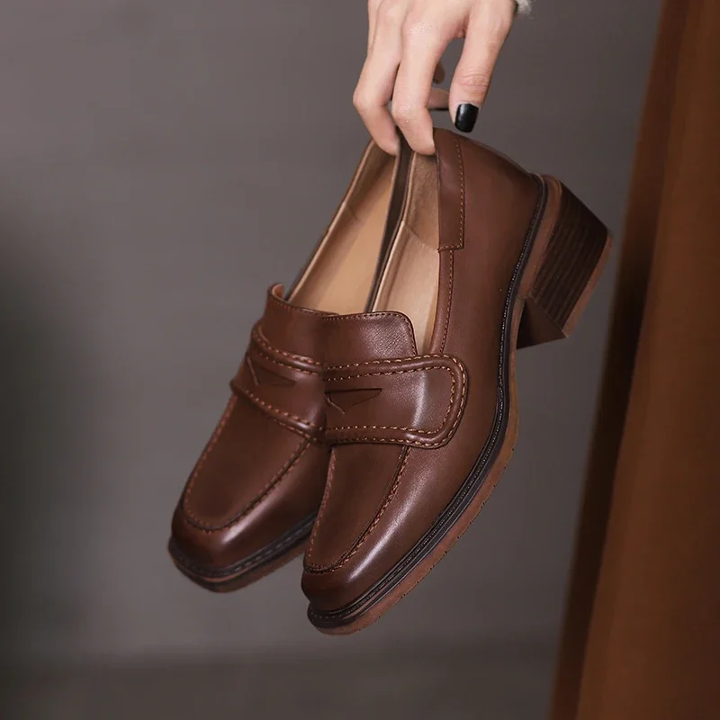 2022 Spring Genuine Leather Slip-On Women Shoes Casual Loafers Square Toe Simple Shoes Thick Heel Shoes Woman Zapatos De Mujer