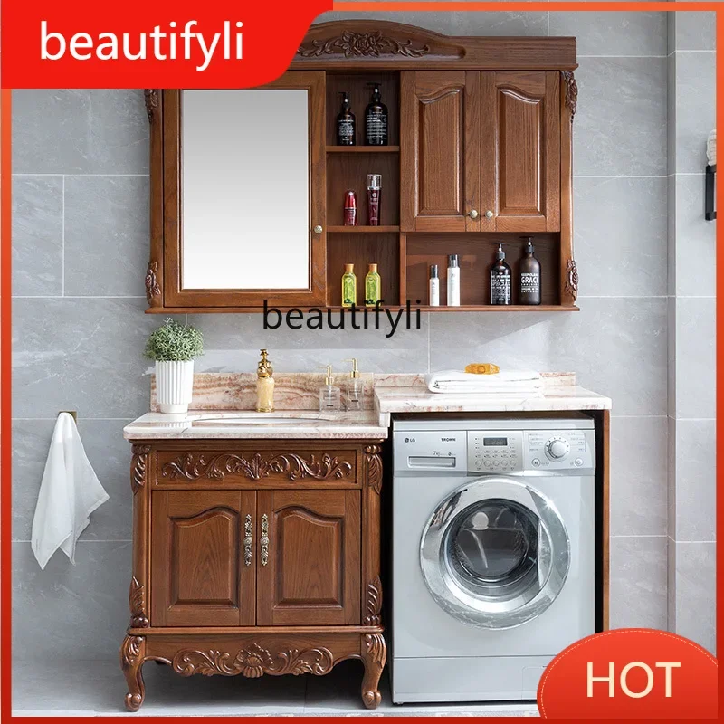 54European Bathroom Cabinet Washing Machine Integrated Wash Basin Combination Red Oak Face Washing Cabinet Bathroom Table