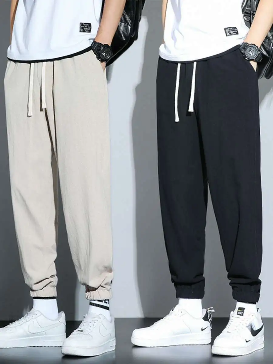 

Мужские повседневные свободные льняные брюки из ледяного шелка и хлопка, летние, дышащие, модные, укороченные, комфортные, свободного кроя