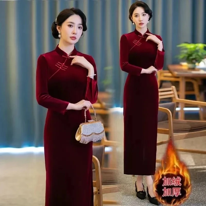 AutumnWinter Golden Velvet Cheongsam Dresses Noble Women Style Embroidered Dress Mother High End Elegant Improved Long Vestidos