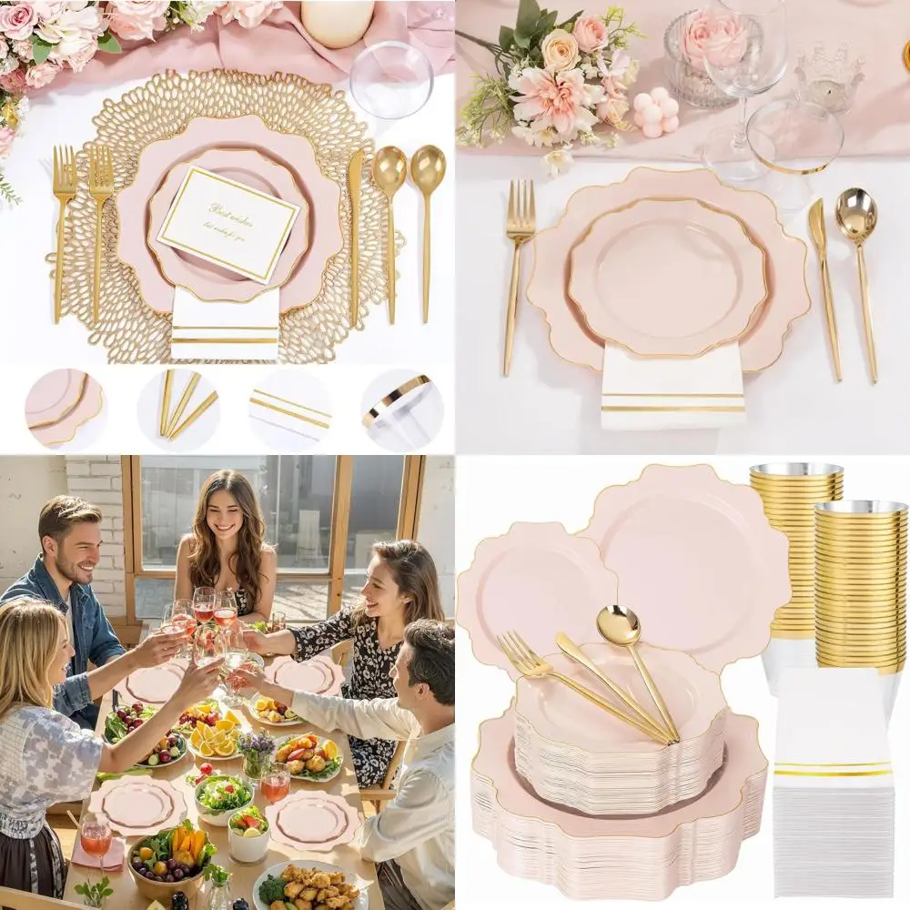 

50-Guest Pink and Gold Plastic Plates Set for Baby Shower, Birthday, or Wedding