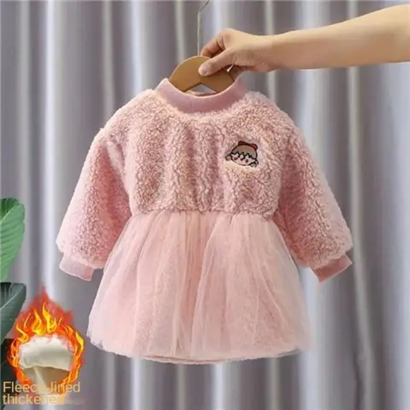 Toddler Baby Girl Winter Velvet Warm Dress Kids Lambswool Mesh Princess Dress Infant Children Fall Outfits fits 1-7 Years