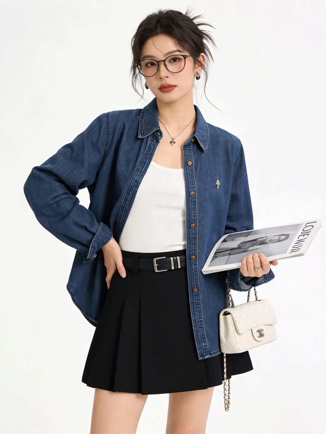 

Spring Early Morning Commute Deep Blue Retro Thin Sun Protection Embroidered irt Jaet Collar Casual Loose Women's irt