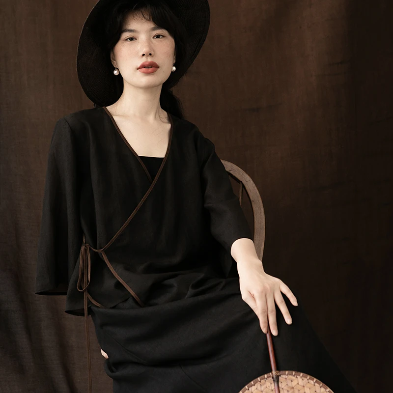 

New Le Collection Summer Thin Cotton Silk k Brown Double Color Belted ort Outerwear Cool Design Women's Faion