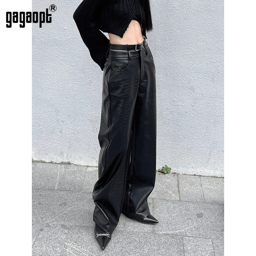 Gagaopt pantaloni in pelle nera pantaloni Vintage dritti a vita alta da donna Streetwear pantaloni casual a gamba larga