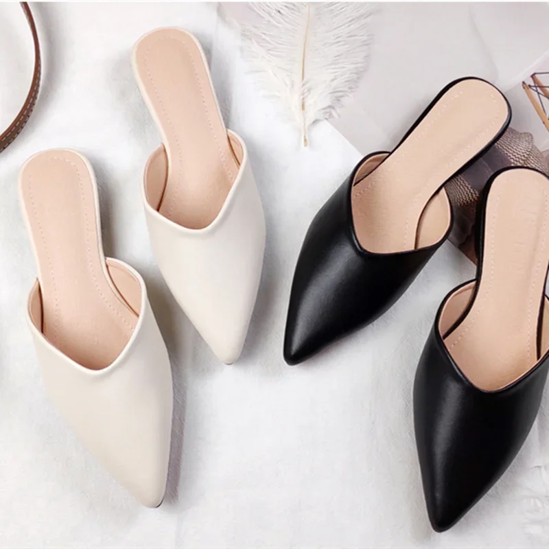 Women Etiquette Fluorescein Designer Luxury Slippers Flat Point Toe Shoes With Metal Circle Leather Summer Slides Black Beige 42