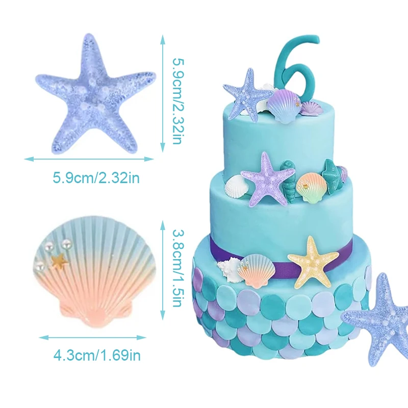 8 Stück Meerjungfrauen-Muscheln-Stern-Kuchendekorationen, Meerjungfrauen-Motiv für Geburtstagskuchen, Babyparty- und Hochzeits-Cupcake-Topper – Detail 1