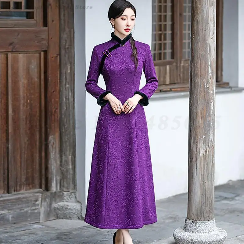 

Large Size 5XL Ao Dai Cheongsam Retro Improved Elegant Qipao Autumn Winter Oriental Chinese Traditional Dress Evening Party Gown
