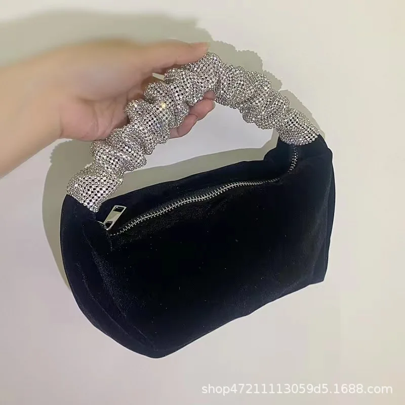 Borsa in velluto con manico in strass da donna HIGHFOCAL nuove pochette quadrate morbide di lusso borse nere di design femminile qualità C02