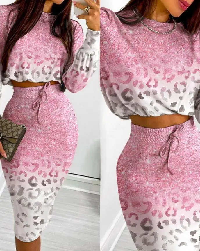 Two Piece Sets Womens Outifits 2023 Spring Fashion Leopard Print O-Neck Long Sleeve Crop Top & Casual Midi Drawstring Skirt Set