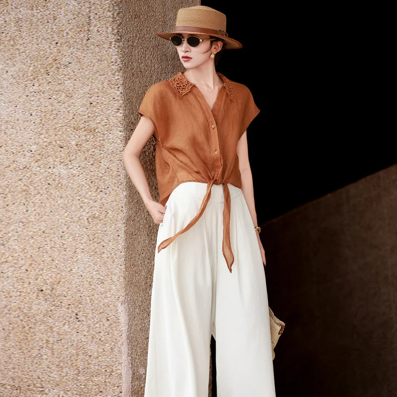 

MEXCOCO 2026 Summer New Ramie Blouse Lapel Hollow Lace Collar Cap Sleeve Front Tie Knot Loose Commuter Casual Shirt Top