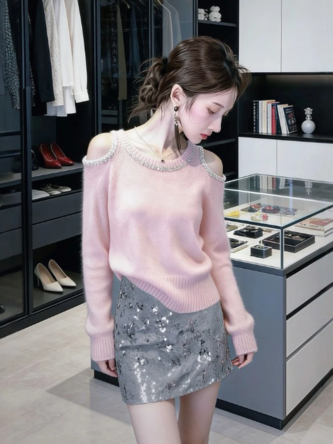 

Unique oulder-baring Loose Knitwear Gentle Sle Long Sve Spring Faionable Top for Younger Looking Ele Street Sle