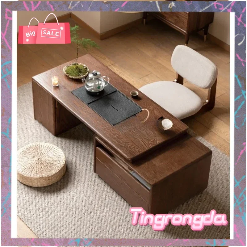 AASolid Wood Retractable Coffee Table Oak Kung Fu Tea Table Living Room New Chinese Tea Table Integrated