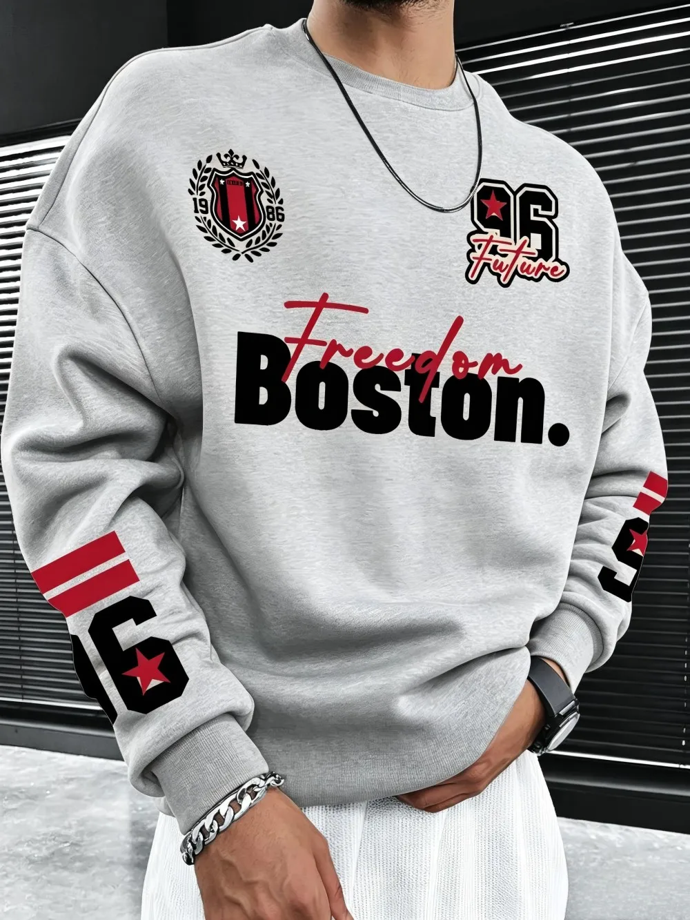 1986 American men's autumn fashion Boston striped print comfortable soft round neck long sleeved T-shirt outdoor street top
