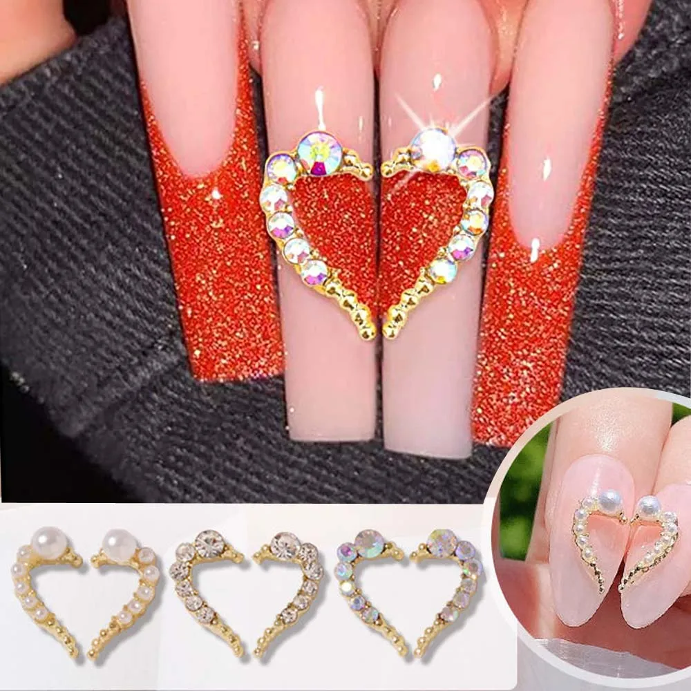 

3D Half Heart Nail Art Charms 10pcs Alloy Heart Rhinestones AB Color Pearl Metal Gold 6.5*12mm Nail Studs Crystal Decorations