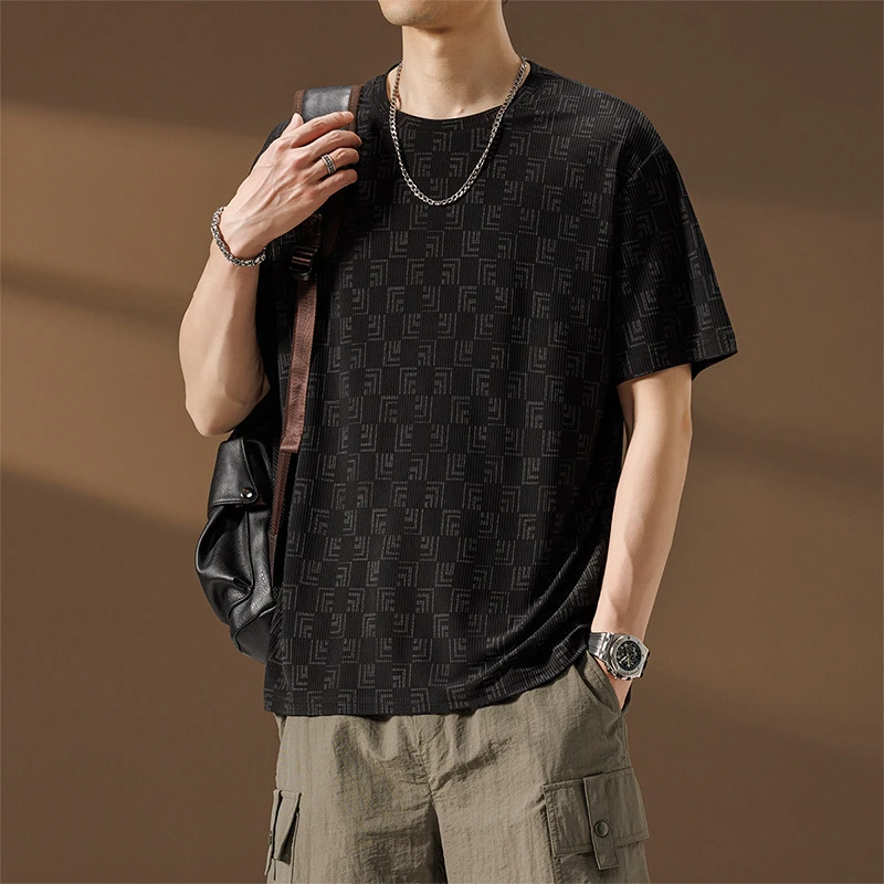 Men's Ice Silk Crew Neck T-shirt, Summer Thin Breathable Full Print Short Sleeve Loose Plus Size Casual Tee
