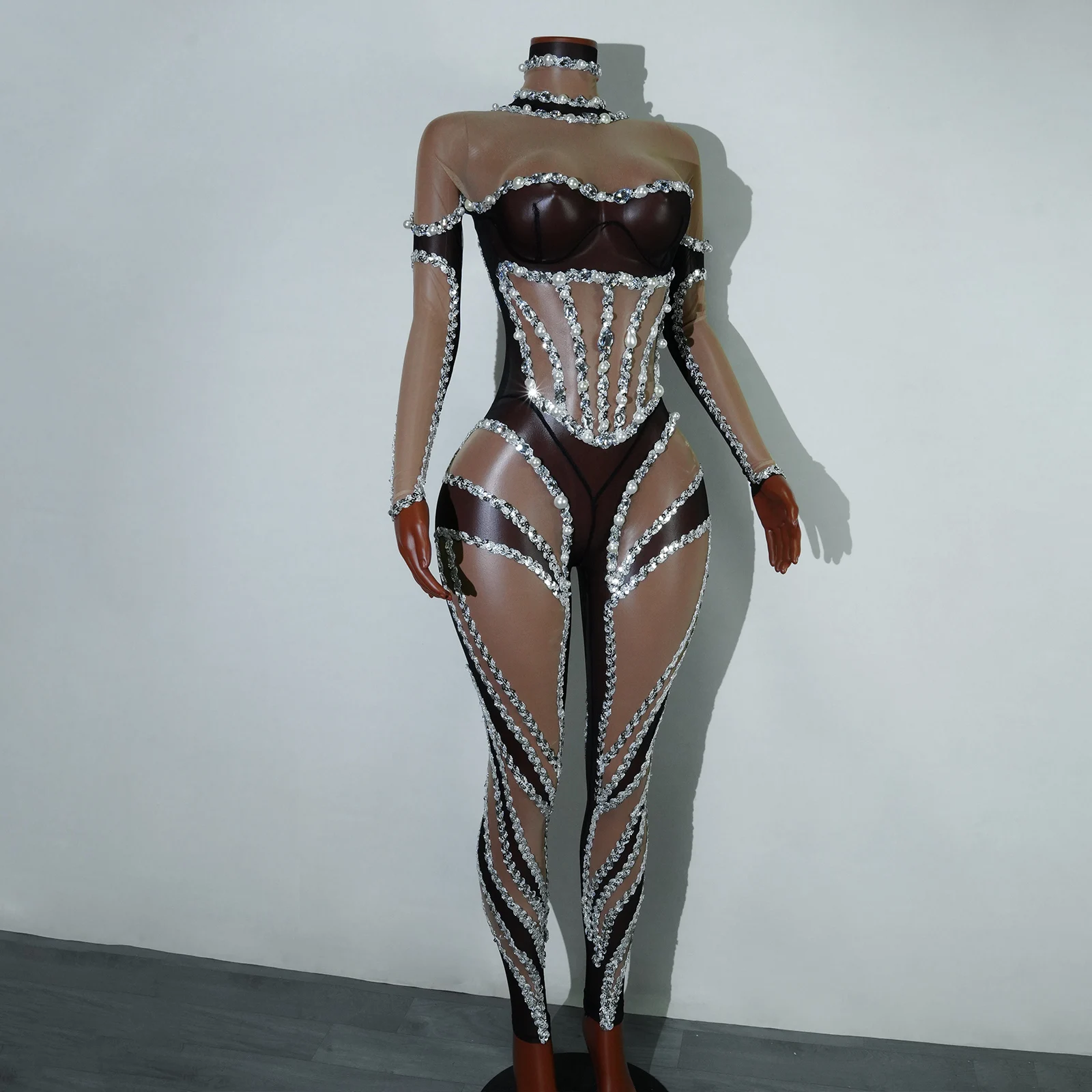 Combinaison Sexy en maille transparente, couleur chair, pour Halloween, fête d'anniversaire, chanteur, Performance, justaucorps Drag Queen, Festival pôle