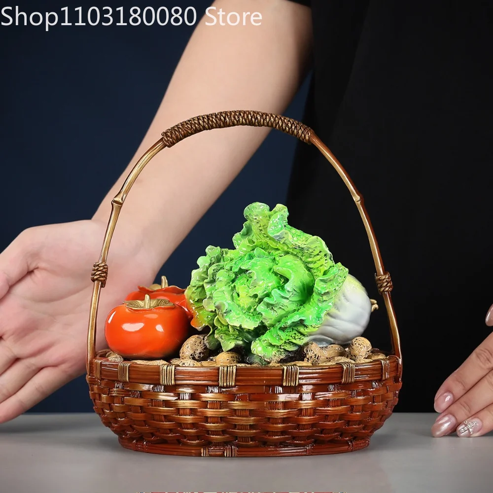 20cm Hand Painted Brass Statue Basket of Chinese Cabbage & Persimmon Wealth Lucky Feng Shui Table Decor Figurine