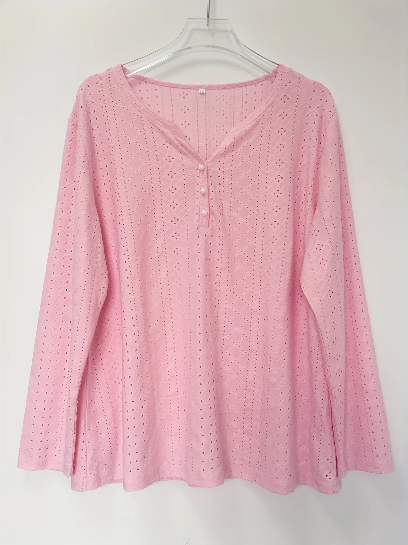 Plus Size Women Solid V Neck Long Sleeve T-shirt Eyelet Hollow Button Casual Tee Ladies Autumn Daily Blouse