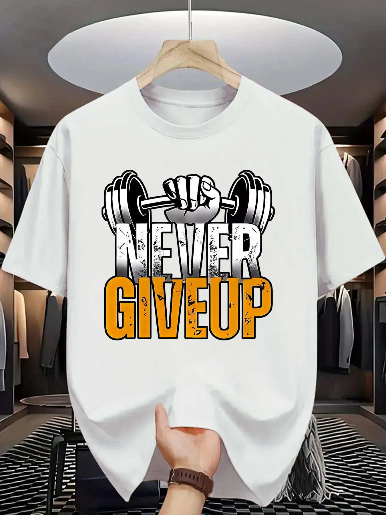 T-shirt graphique motivant pour la gym, avec impression de haltères, pour hommes, en coton, streetwear d'été