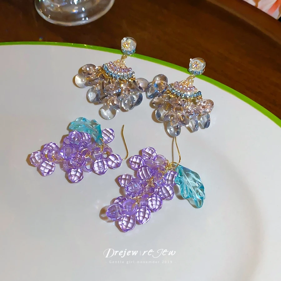 DREJEW Purple Transparent Faceted Crystal Cluster Tassel Drop Earrings Long Dangle Earrings Sweet Dreamy Style for Casual Wear