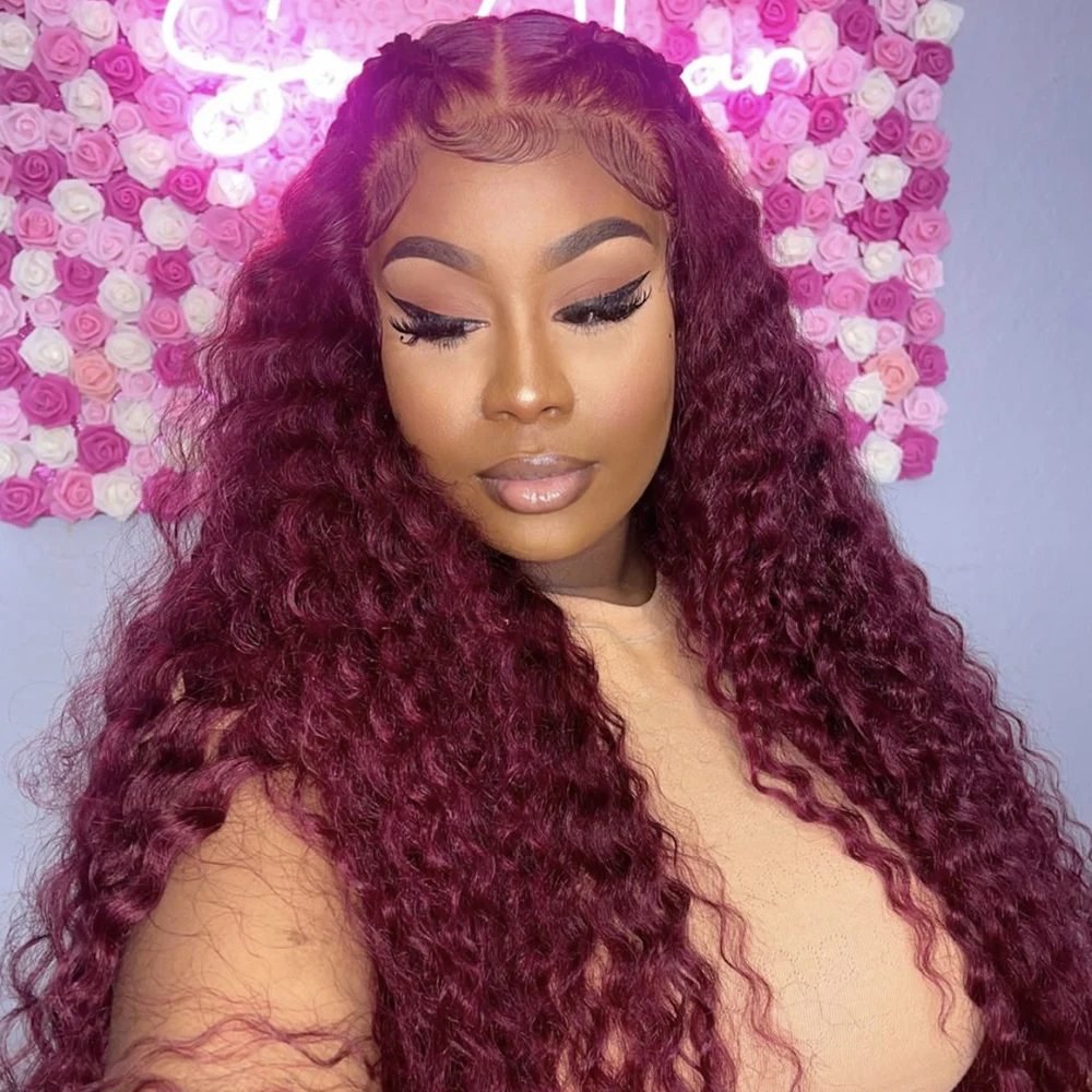 

99J Глубокая волна 13x6 HD Парик фронтальной части шнурка Человеческие волосы Прозрачный бордовый предварительно выщипанный парик фронта шнурка с детскими волосами Плотность 200