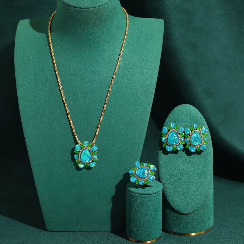 Vintage Opal Blue Green Glass Jewelry Sets Necklace Earrings Ring 18k Gold Color High Quality Luxury Gift Trends 2026 New