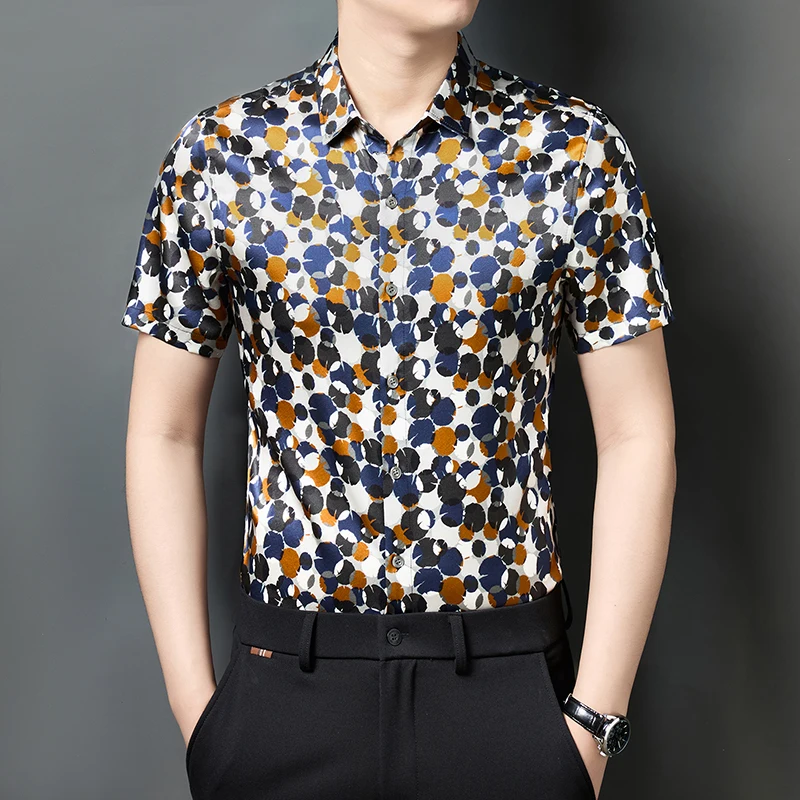 Lightweight Coolness Shirts For Men Short Sleeve Print Silk Blend Summer Quality Smooth Comfortable Thin Lapel Camisas De Hombre