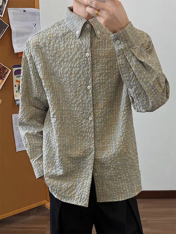 

Мужская клетчатая рубашка с длинным рукавом и пузырчатой текстурой, повседневная верхняя одежда в винтажном американском стиле, свободный крой, модный городской стиль