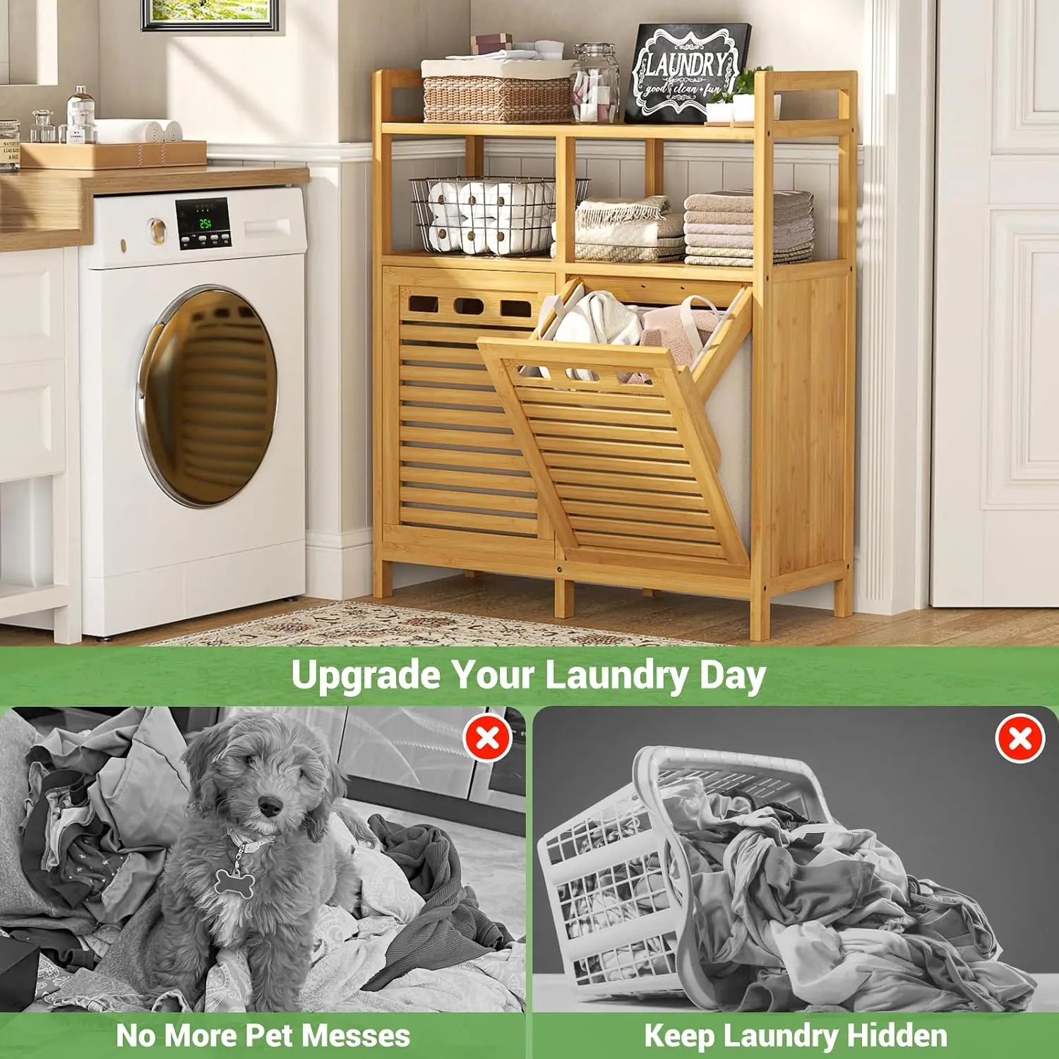 Tilt Out Bamboo Double Laundry Hamper Storage Cabinet with 2 Removable Baskets, 20 Gallon Clothes Sorter Organizer with Top Shelf for Bathroom Laundry Room Natural Wood Tone view 5