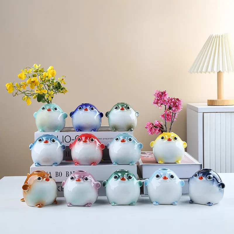 Nordic Cute Pufferfish Ceramic Small Vase Ornaments Living Room Dining Table Office Desktop Floral Arrangement Vase Home Decor