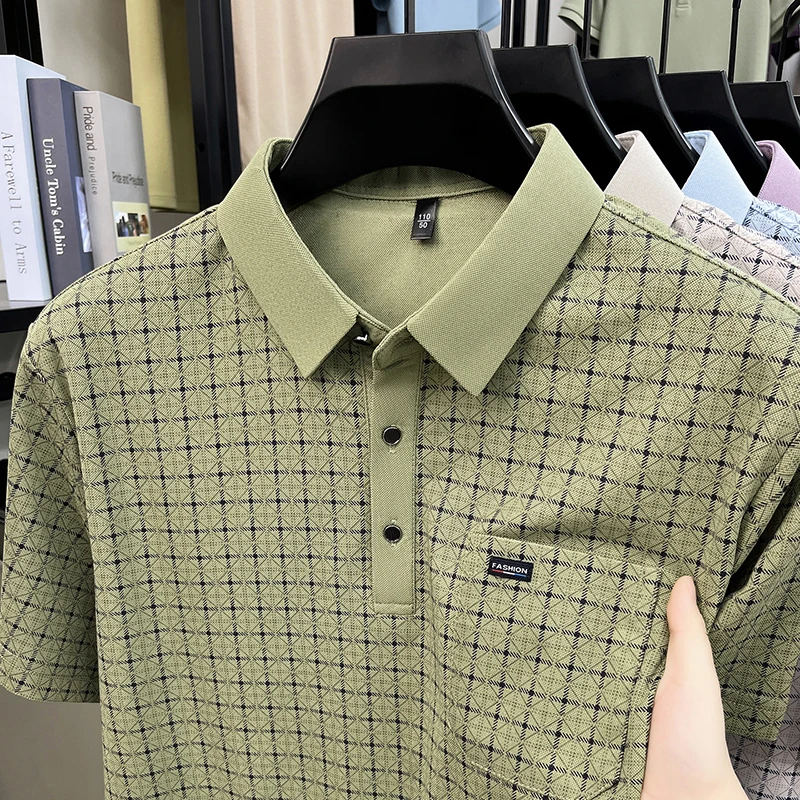 Herren Kurzarm-Poloshirts mit Diamant-Jacquardmuster, klassische Passform, lässige Oberteile, weiche, bequeme, modische Hemden für Männer – Detail 7