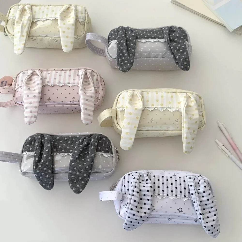 Rabbit Big Ear Bunny Ear Dots Pencil Case Polka Dot Print Lace Trim Korean Style Pen Bag Desktop Storage Large Capacity