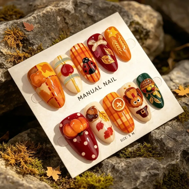 30Pcs Press-On Nails Exquisite Fall/Thanksgiving-Themed Turkey Pumpkin and Almond Checkered Design—Perfect for Girls' Everyday