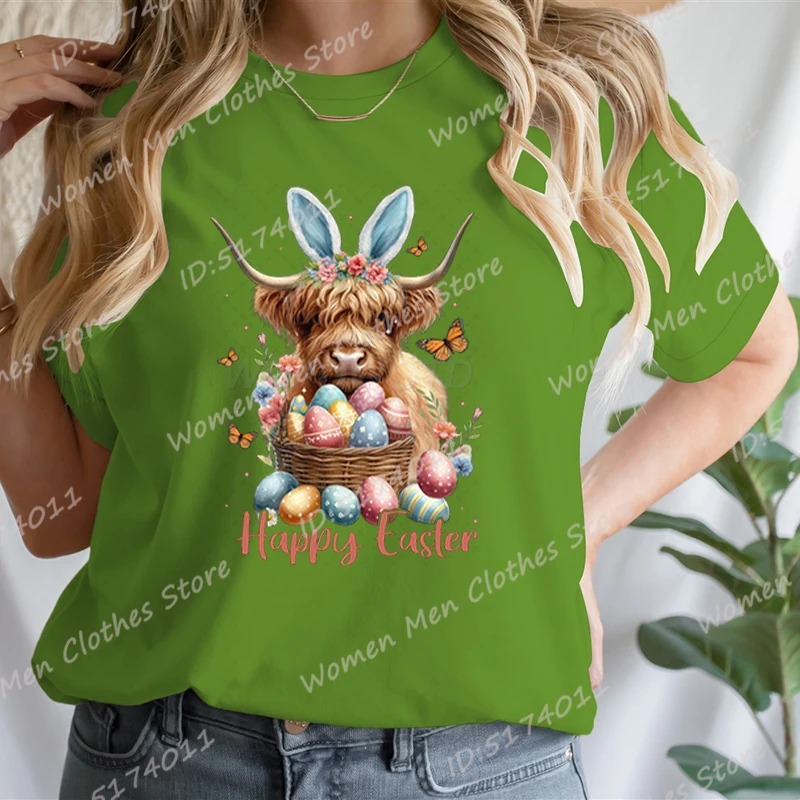 

Cow Happy Easter Print T-shirt For Women Summer Fashion Casual Tee Shirts Short Sleeve Round Neck Solid Color Soft T Shirt Tops