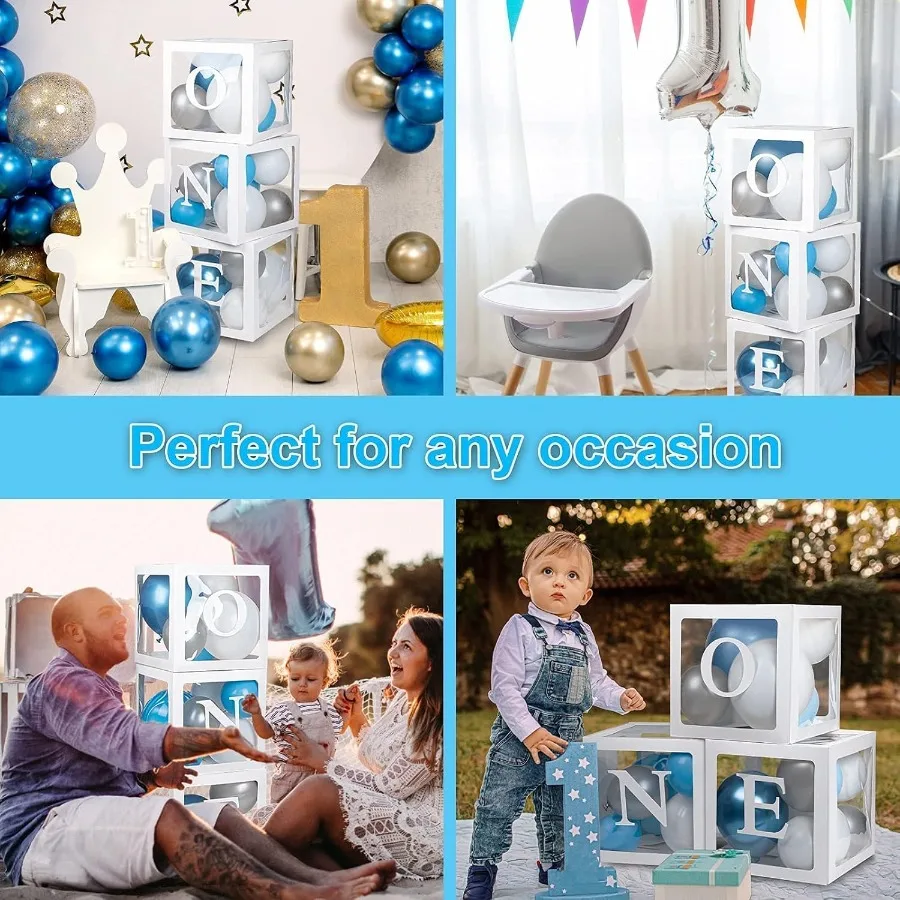 Fit Birthday Decorations For Boy Or Girl 3 Pcs ONE Balloon Boxes For 1st Birthday Baby Clear Blocks Party Decor With ONE TWO Le