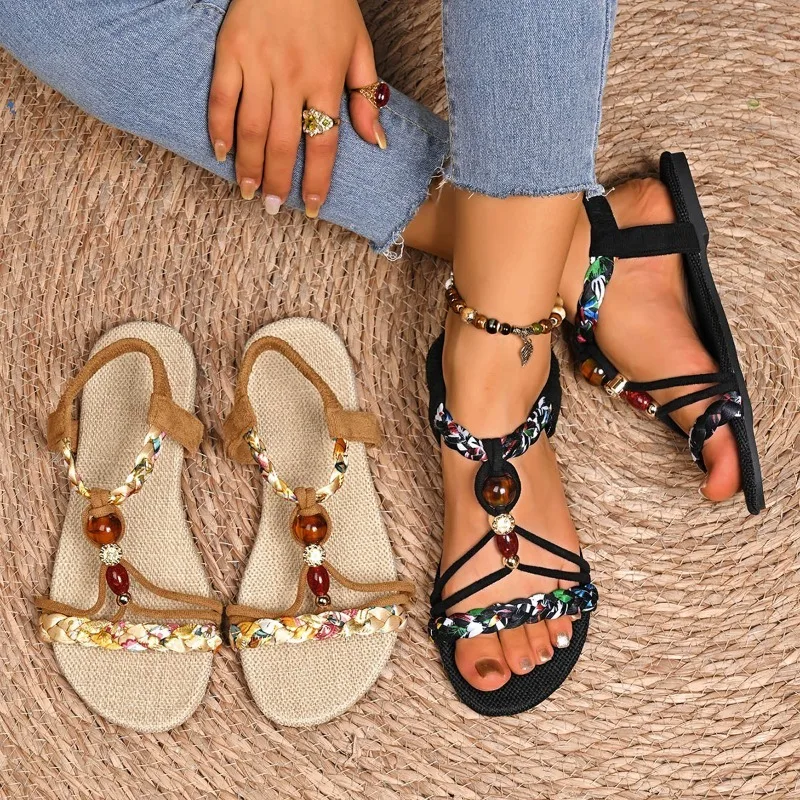 sandalias-planas-trancadas-estilo-boemio-para-mulheres-2025-verao-impressao-sapatos-de-praia-mulher-moda-elastica-sandalias-romanas-mujer