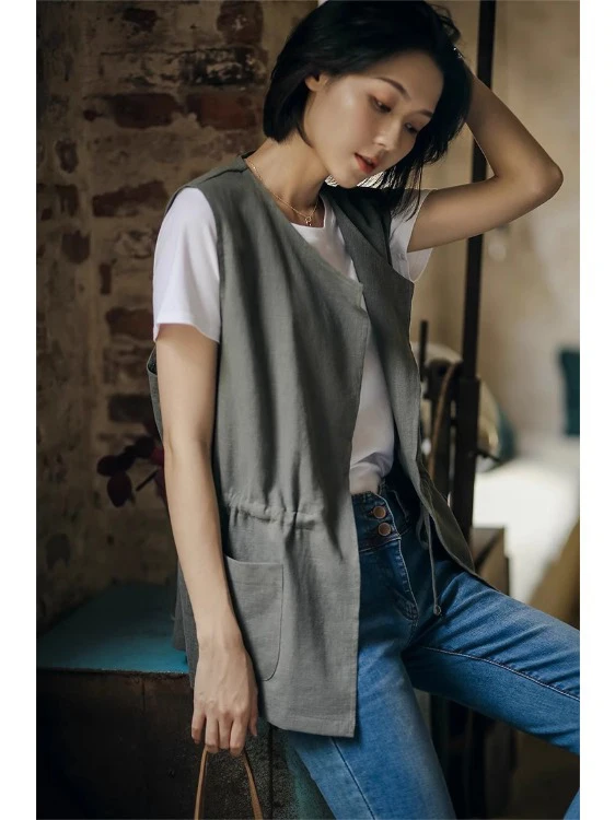 เสื้อกั๊กผ้าฝ้ายลินินทรงเข้ารูปทันสมัย พร้อมเข็มขัดสี ไม่มีกระดุม คอกลม สไตล์ลำลอง โอเวอร์ไซส์ แฟชั่นฤดูร้อนสำหรับผู้หญิง