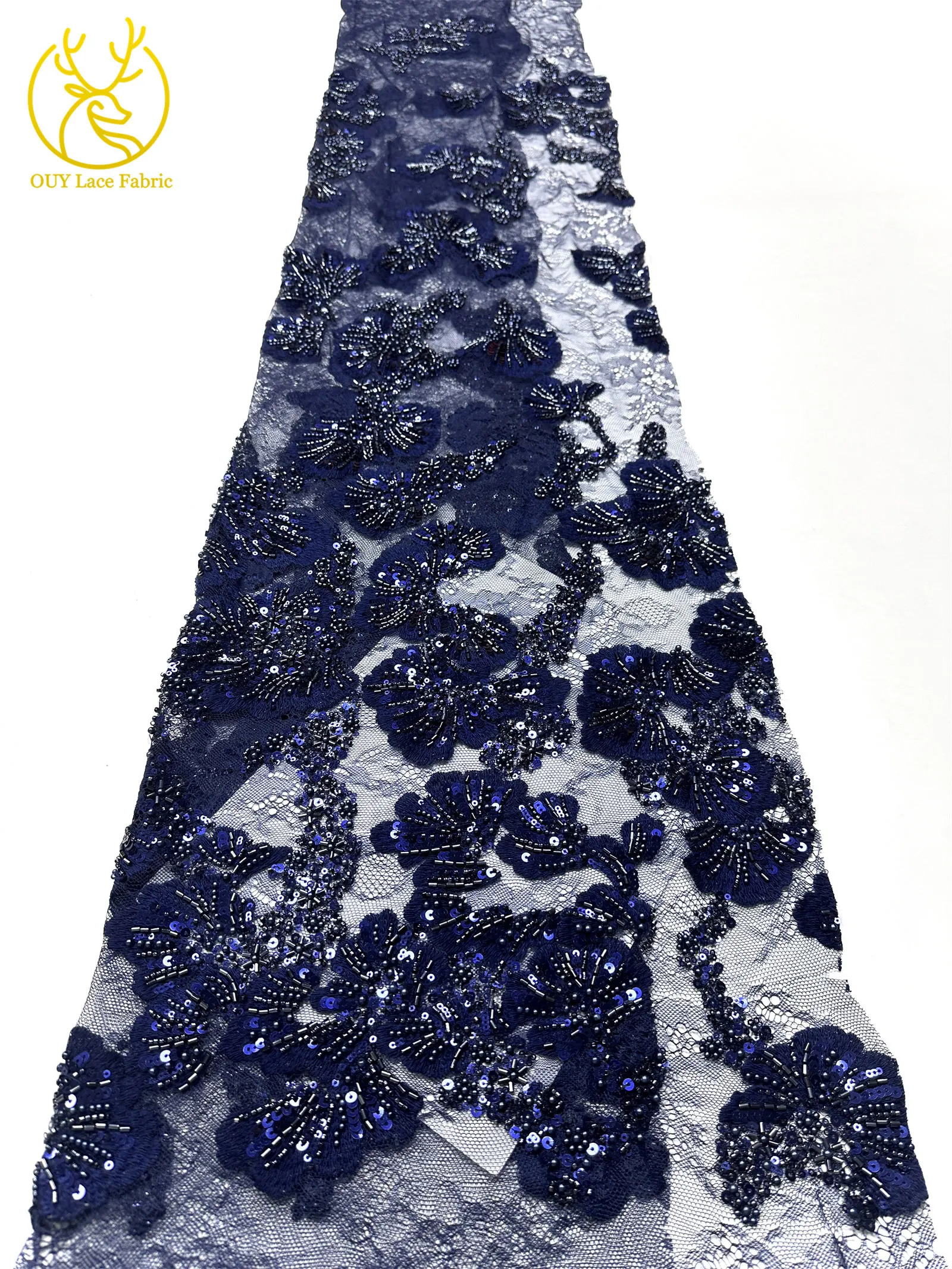 2026 Afrikanischer Bräutigam Bestickter Spitzenstoff Hochwertige Französische Pailletten-Spitze 5 Yards Marineblau Perlenbesetzter Spitzenstoff für Party-Hochzeitskleider – Detail 26