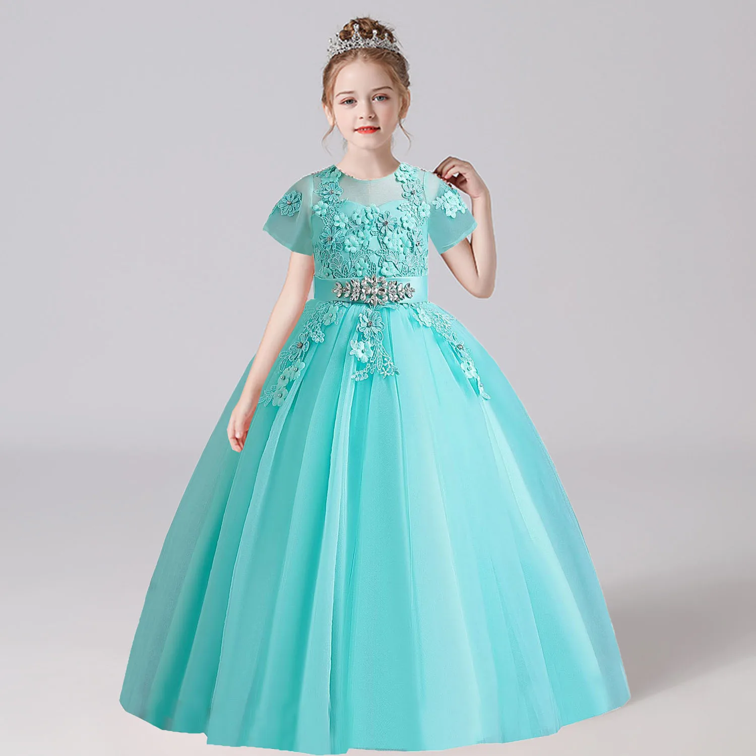 

XMLSY Stunning Little Big Girls Cap Sleeves Flower Girl Birthday Party Graduation Ceremony Pageant Gown