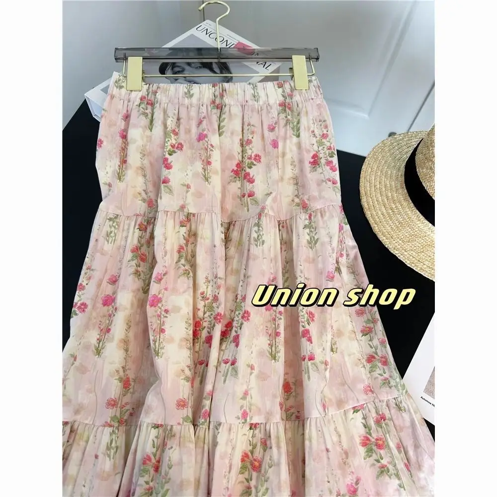 تنورة نسائية وردية اللون للربيع والصيف بخصر عالٍ ونحيفة على طراز المنتجع على شكل حرف A تنورة متوسطة الطول