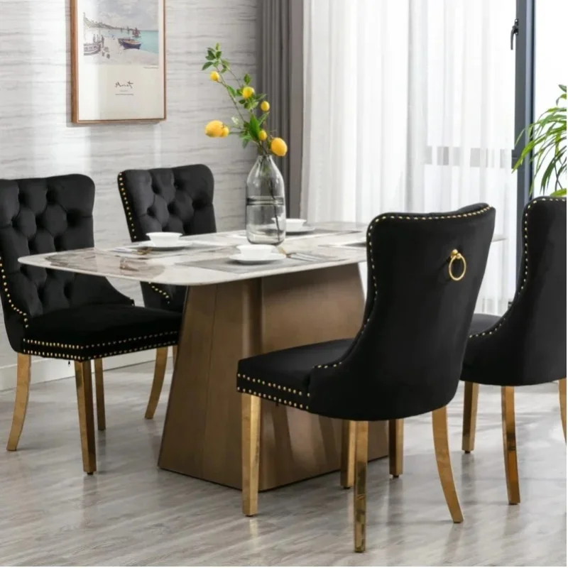 Samtbezogene Esszimmerstühle im 2er-Set, Schwarz & Gold Akzentstühle 65x50x95cm mit goldenen Edelstahlbeinen, getuftetem Design, Nagelkopf-Verzierung, hoher Rückenlehne, hochdichtem