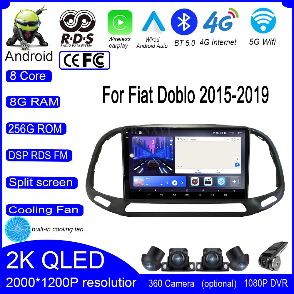 

9 Inch For Fiat Doblo 2015-2019 Android 14 Car Radio Stereo Multimedia Carplay QLED Navi GPS Touch Screen Auto 4G+Wifi