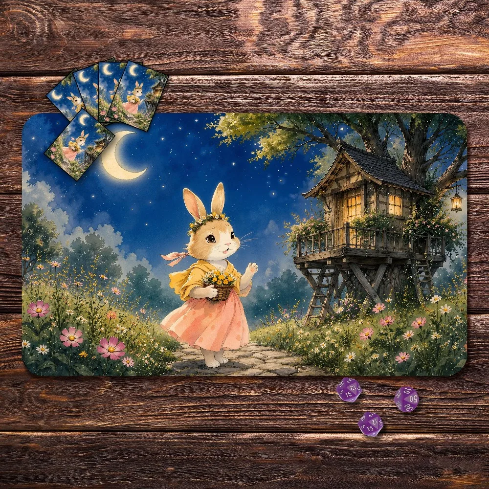 Cute Bunny Treehouse TCG Playmat Night Moon Flower Meadow Fairy Tale Watercolor Art Premium Rubber Large Gaming Desk Mat