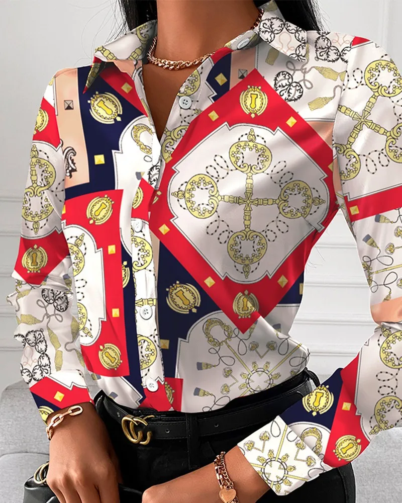 Women Fashion Wild Shirts Chain/Floral/Letter/Geometric Square Print Turn-Down Collar Long Sleeve Blouses