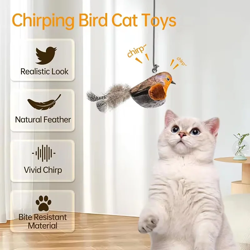 Jouet interactif pour chat avec son d'oiseau simulé, résistant à la morsure, baguette suspendue à plumes, pour jeu autonome et soulagement de l'ennui chez les chats d'intérieur.