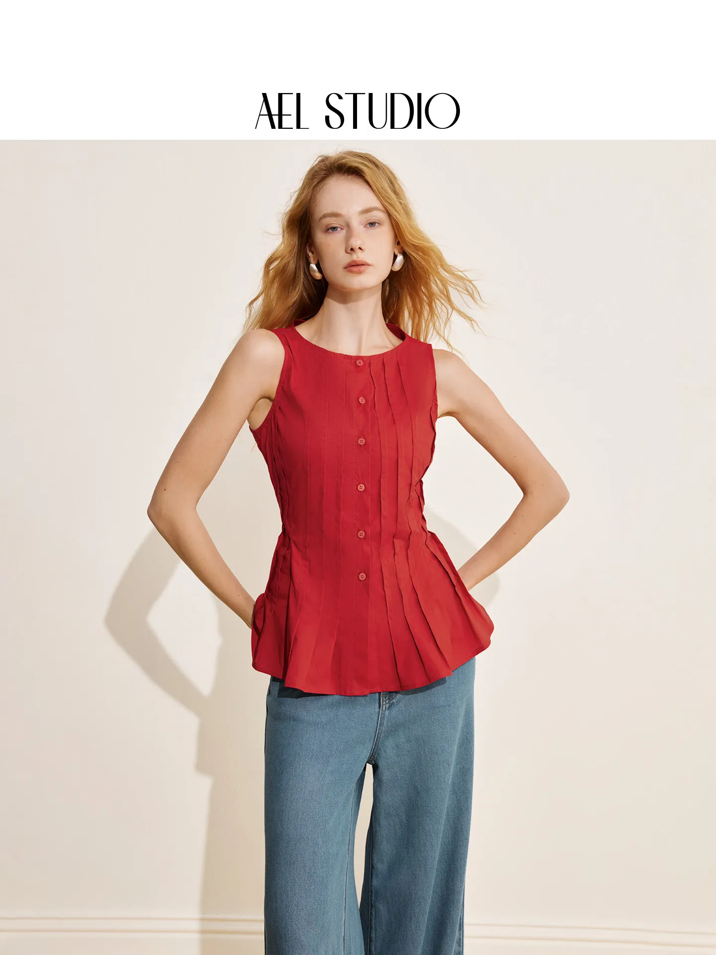 AEL Original Französisches Retro Rotes Plissiertes Hemd Damen 2026 Sommer Neu Ärmelloses Tailliertes und Schlankmachendes Oberteil – Detail 5