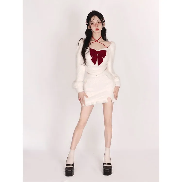 Elegant Square Collar Bow Long Sleeve White Tops Women+ Y2k High Waist All-match Skirts Autumn Winter New Two Piece Sets